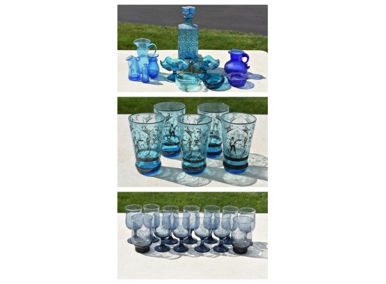Assorted Blue Colored Glassware And More