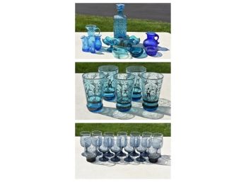 Assorted Blue Colored Glassware And More