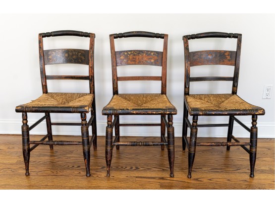 Antique Hitchcock Side Chairs With Rush Seats, Stenciled Backs, Turned Legs And Stretchers - Set Of