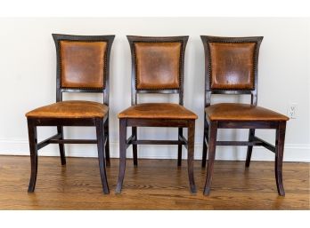 Vintage Wooden Side Chairs W Brown Leather Upholstery And Nailhead Trim - Set Of 3