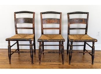 Antique Hitchcock Side Chairs With Rush Seats, Stenciled Backs, Turned Legs And Stretchers - Set Of