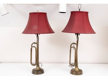 Pair Of Beautiful Hand-made Brass Trumpet Based Lamps