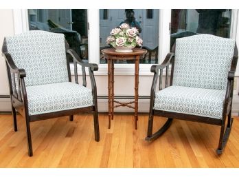 Pair Of Freshly Upholstered Antique Chairs One Arm Chair One Rocking Chair