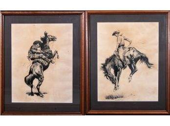 Pair Of Antique Remington Limited Edition Prints Of Bucking Broncos