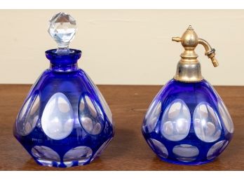Pair Of Two Cobalt Blue And Clear Glass Perfume Decanters