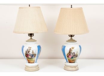 Pair Of Limoge Style Painted Vase Lamps
