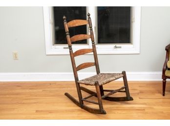 Antique Rustic Wooden Rocking Chair With Rush Seating