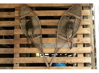 Pair Of Antique Wood, Leather And String Snow Shoes