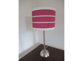Newer Chrome Lamp With Pink Striped Shade - Works