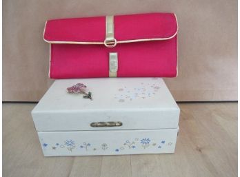 Vintage Jewelry Box With Jewelry Travel Case And Vintage HAR Enamel Flower Pin