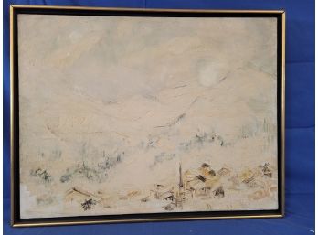 Illegiblely Signed Mid Century Modern Painting Of Snowy Village At The Base Of Snow Capped Mountains
