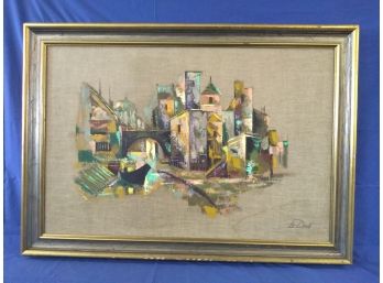 Vintage Mid Century Modern John Le Dene Cityscape Painting On Linen