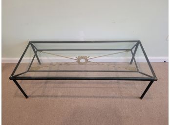 Glass Top Cast Iron Coffee Table With Brass Wreath & Arrows Design