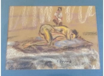 Signed Original F. Young Pastel Painting Nude Reclining