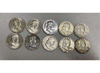 10 Ben Franklin 90 Percent     Silver  Half Dollars . 3 AU Mixed Dates .