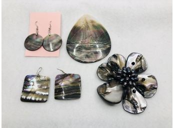 Abalone Shell Jewelry Collection: Earrings, Pendant, And Floral Brooch