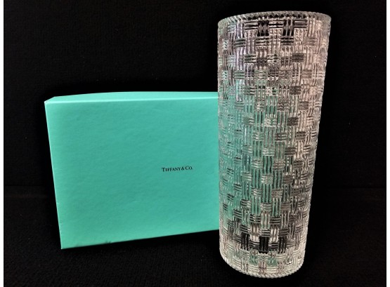 Tiffany & Co. Woven Cylinder Crystal Glass Double Wall Vase 12 Inch Basketweave