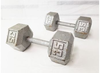 Pair Of Thirty-Five Pound Cast Iron Solid Hex Dumbbells