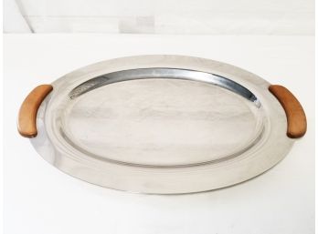 Vintage Mid Century Onecia 18 Inch Stainless Steel Oval Tray With Woods Handles