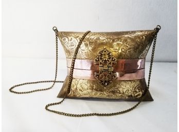 Antique 1930's Hammered Brass & Copper Metal Pillow Purse With Maroon Velvet Lining