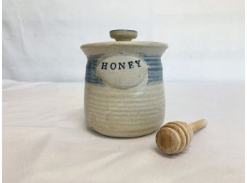 Vintage Handmade Pottery Honey Jar With Lid & Swirl Stick -signed