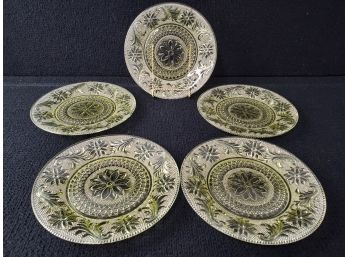 Set Of Five Vintage Pale Yellow  Depression Glass Luncheon Plates