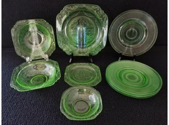 Vintage Mid Century Green Depression Uranium Vaseline Glass Madrid Pattern Dinnerware - Partial Set