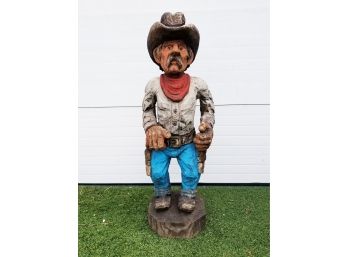 Fabulous Whimsical Large Vintage Hand Carved Wood Western Cowboy Statue - Signed - Possibly Rick Engler