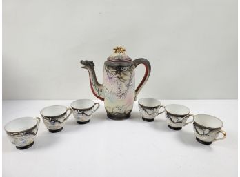 Antique Dragon Moriage Dragonware Japanese Porcelain Tea Set - Teapot & Six Handled Cups
