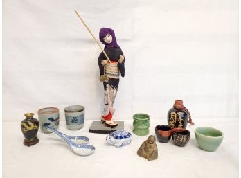 Asian Pottery Vases, Cups, Dolls, Brass Buddha And More