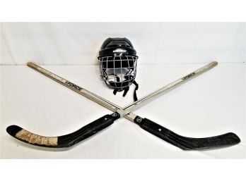 Two NHL Youth Power Force Hockey Sticks And Youth Bauer IM 2100 Helmet Size P/S