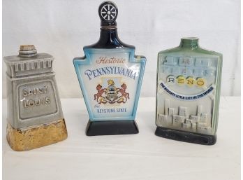 Three Vintage 1960's Jim Beam Whiskey Bottles, Reno, Pennsylvania & Saint Louis