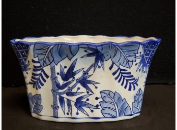 Pretty Cobalt Blue & White Asian Themed Oval Pottery Planter Bowl