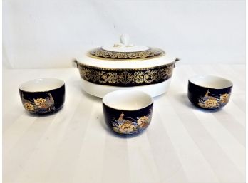 Rare Vintage Suisse Langenthal Covered Serving Dish And Three Sake / Tea Cups