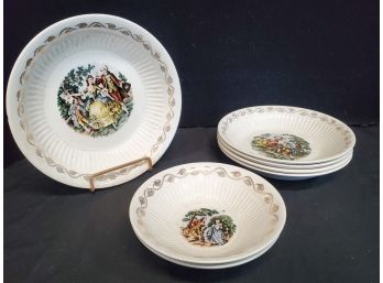 Vintage Royal China 22K Gold Leaf Accented Early American Pattern Dinnerware Bowls