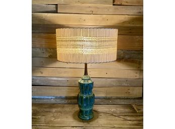 Mid Century Modern Green Ceramic And Teak Lamp With Patterned Barrel Shade