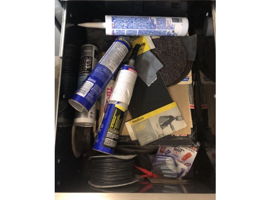 Drawer Of Sand Paper, Assorted Adhesives, And More