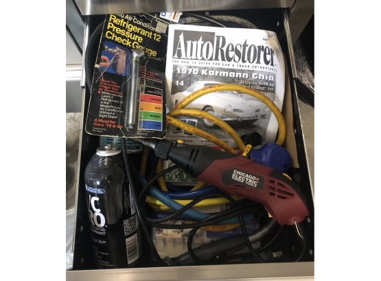 Drawer Of Assorted Hoses, Rotary Tool, Bits, And More