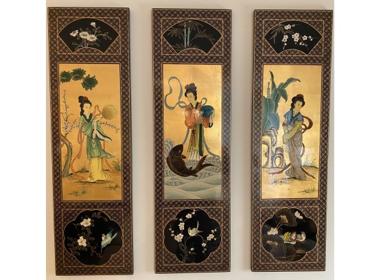 Three Lacquered Oriental Style Decorative Panels