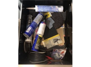 Drawer Of Sand Paper, Assorted Adhesives, And More