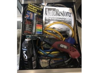 Drawer Of Assorted Hoses, Rotary Tool, Bits, And More