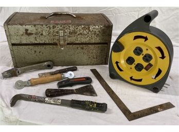 Metal Tool Box With Miscellaneous Tools Along With 25 Ft Wind-up Extension Cord.
