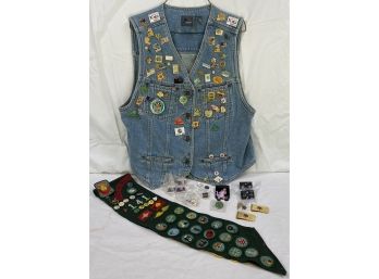 Denin Vest (Size Medium) With Multiple Pins For Collecting .  Vintage Girl Scout Sash And EMS Jewelry.