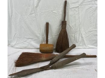 Straw Wisk Brooms With Handles, Wooden Mallet And Pruning Shears.