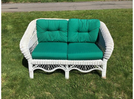 White Wicker Loveseat With Green Cushions