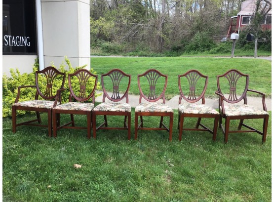 Set Of 6 Mahogany Shield Back Dining Chairs By Drexel, 1940s