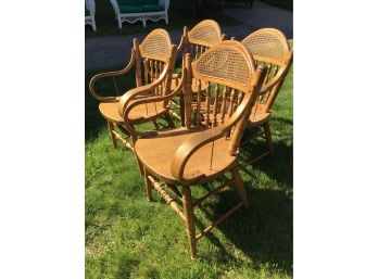 Bent & Turned Oak Wood Captains Chairs With Caned Crest Rail Back, Circa 1895-1905, Set Of 4