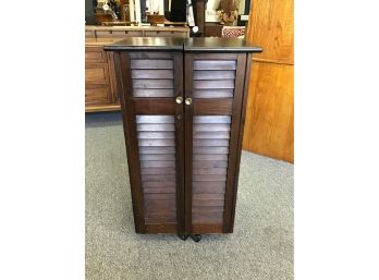 Vintage Rolling Pine Bar Cabinet With Louvered Doors