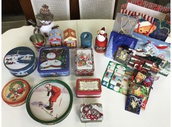 Christmas Lot Of Giftbags And Tins And 2 Snowmen Too