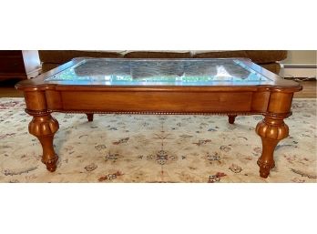 Beveled Glass, Scrolled Wrought Iron And Wood Coffee Table